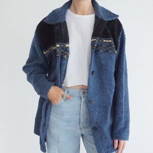 Vintage Sonoma Blue Aztec Stripe Collared Button Fleece Jacket Shacket M